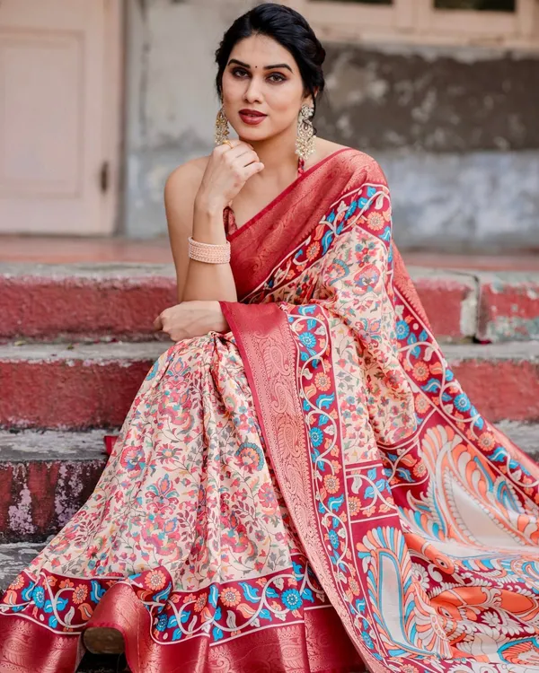 Beige_and_Coral_Tussar_Silk_Saree_with_Intricate_Floral_Prints_and_Artistic_Pallu
