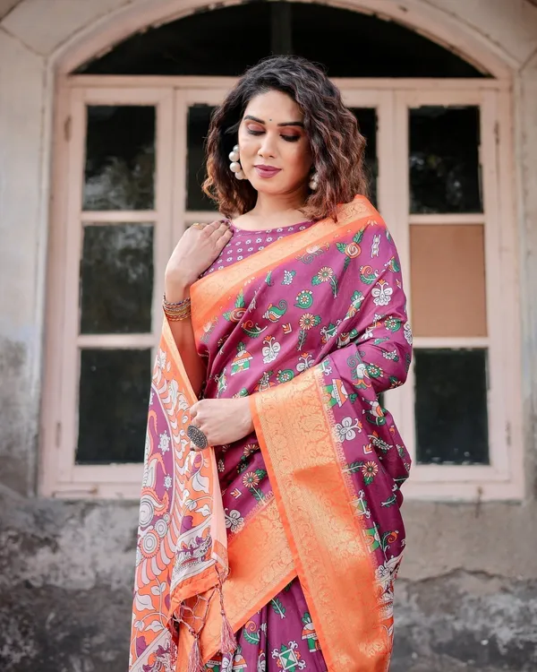 Wine_Purple_and_Orange_Tussar_Silk_Saree_with_Floral_Motifs_and_Artistic_Pallu