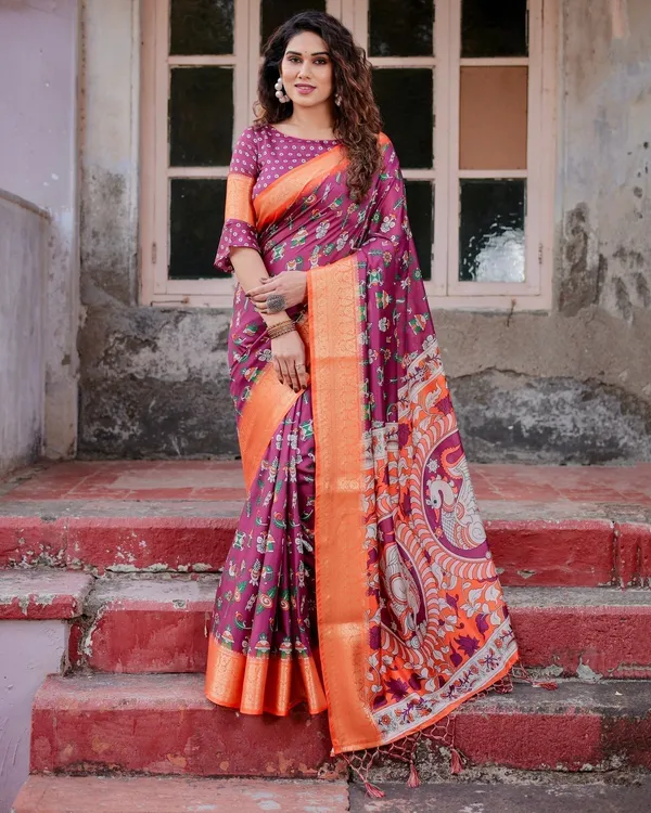 Wine_Purple_and_Orange_Tussar_Silk_Saree_with_Floral_Motifs_and_Artistic_Pallu