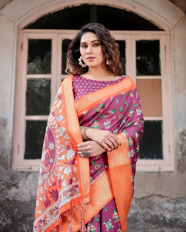 Wine_Purple_and_Orange_Tussar_Silk_Saree_with_Floral_Motifs_and_Artistic_Pallu