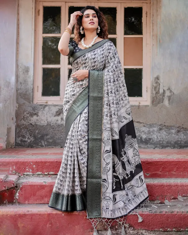 Monochrome_White_and_Black_Tussar_Silk_Saree_with_Tribal_Art_Motifs_and_Zari_Border
