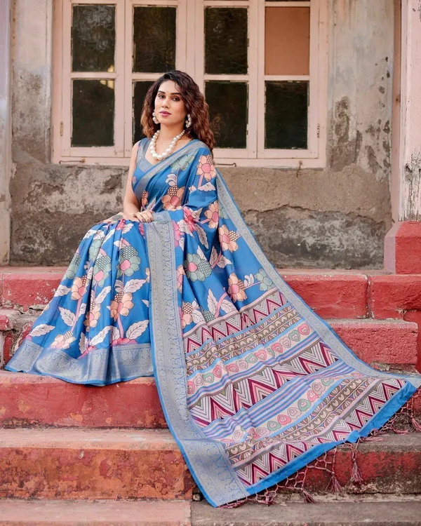 Sky_Blue_Tussar_Silk_Saree_with_Bold_Floral_Motifs_and_Chevron_Pallu_Design