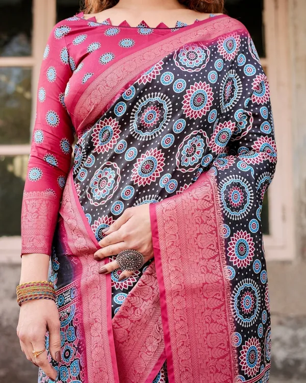Black_and_Coral_Tussar_Silk_Saree_with_Intricate_Circular_Motifs_and_Ornamental_Pallu