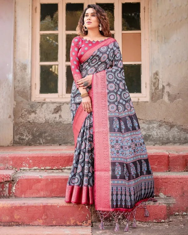 Black_and_Coral_Tussar_Silk_Saree_with_Intricate_Circular_Motifs_and_Ornamental_Pallu
