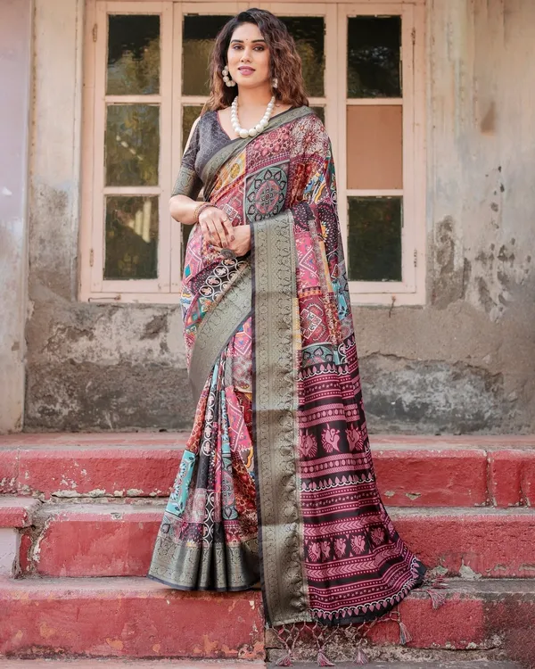 Multicolor_Tussar_Silk_Saree_with_Ornamental_Patchwork_and_Olive_Zari_Border