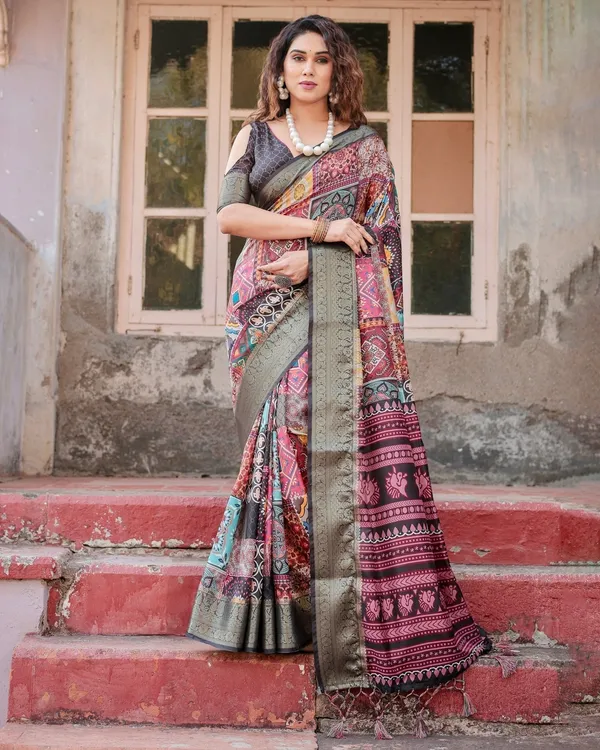 Multicolor_Tussar_Silk_Saree_with_Ornamental_Patchwork_and_Olive_Zari_Border