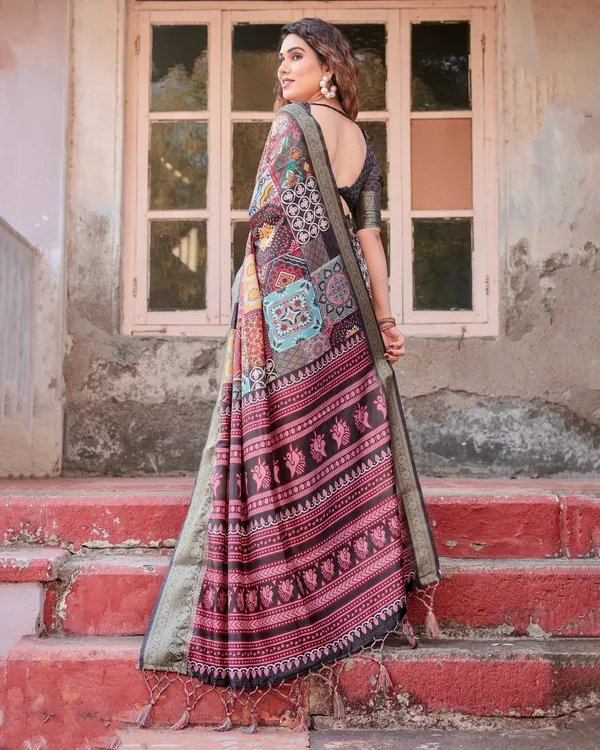 Multicolor_Tussar_Silk_Saree_with_Ornamental_Patchwork_and_Olive_Zari_Border