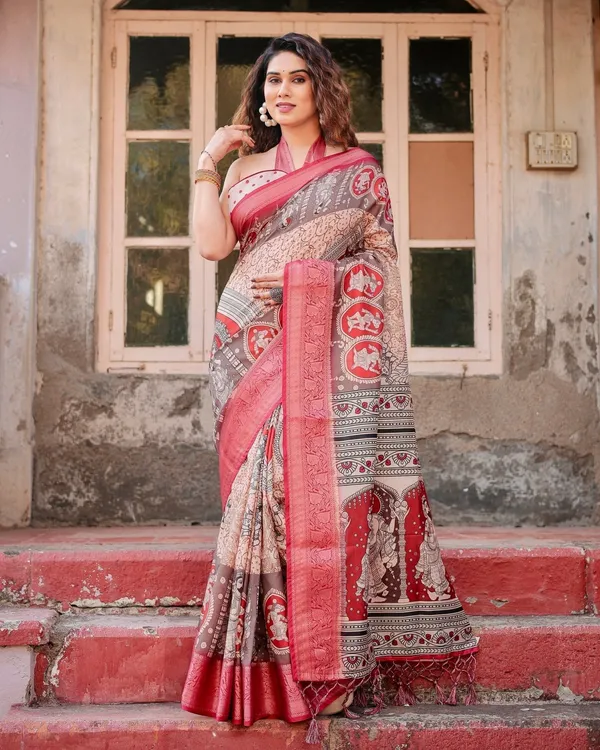 Beige_and_Red_Tussar_Silk_Saree_with_Traditional_Motifs_and_Ornamental_Zari_Border