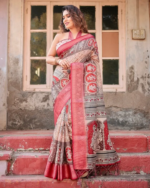 Beige_and_Red_Tussar_Silk_Saree_with_Traditional_Motifs_and_Ornamental_Zari_Border