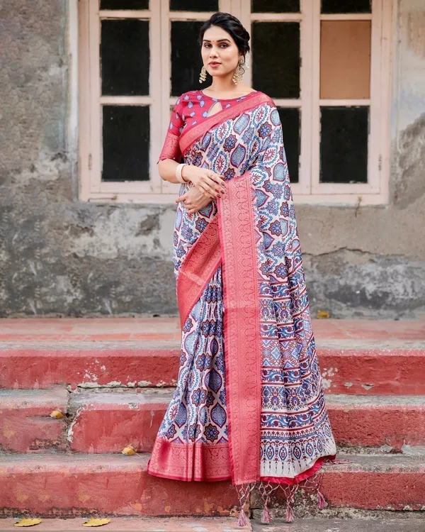 White_and_Red_Tussar_Silk_Saree_with_Vibrant_Floral_Geometric_Motifs_and_Ornamental_Zari_Border