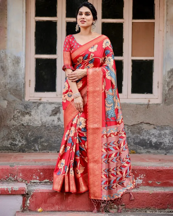 Vibrant_Red_Tussar_Silk_Saree_with_Bold_Floral_Motifs_and_Chevron_Patterned_Pallu
