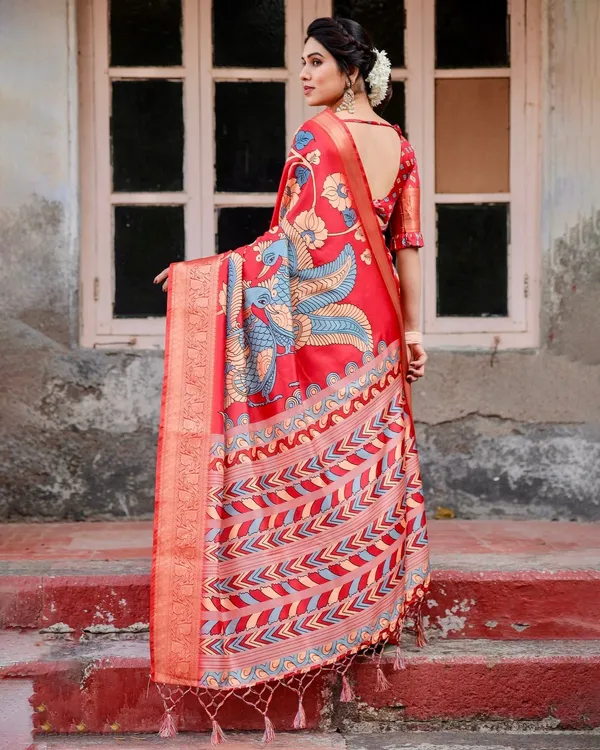 Vibrant_Red_Tussar_Silk_Saree_with_Bold_Floral_Motifs_and_Chevron_Patterned_Pallu