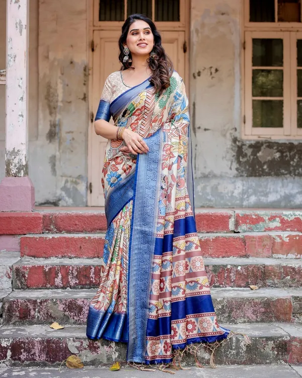Multicolor_Tussar_Silk_Saree_with_Artistic_Floral_Motifs_and_Traditional_Blue_Zari_Border