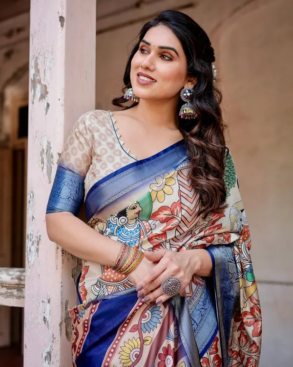 Multicolor_Tussar_Silk_Saree_with_Artistic_Floral_Motifs_and_Traditional_Blue_Zari_Border