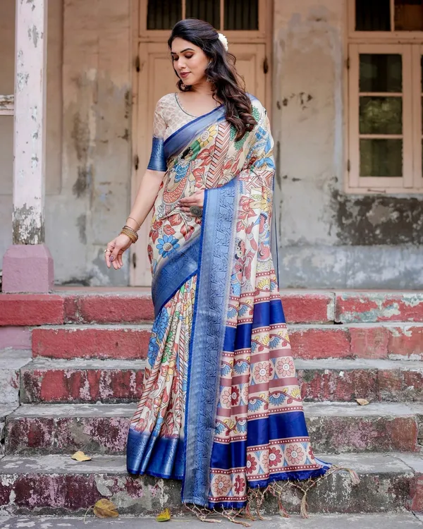 Multicolor_Tussar_Silk_Saree_with_Artistic_Floral_Motifs_and_Traditional_Blue_Zari_Border