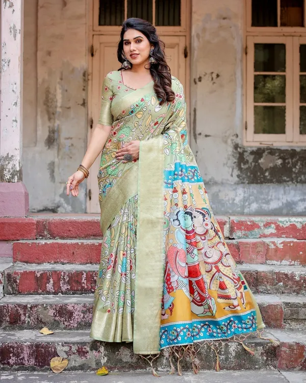 Pastel_Green_Tussar_Silk_Saree_with_Mythological_Kalamkari_Pallu_and_Zari_Border