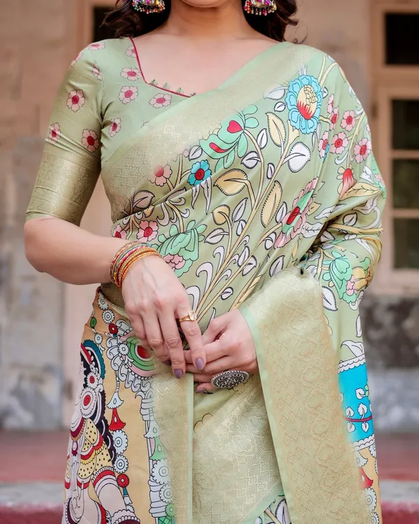 Pastel_Green_Tussar_Silk_Saree_with_Mythological_Kalamkari_Pallu_and_Zari_Border
