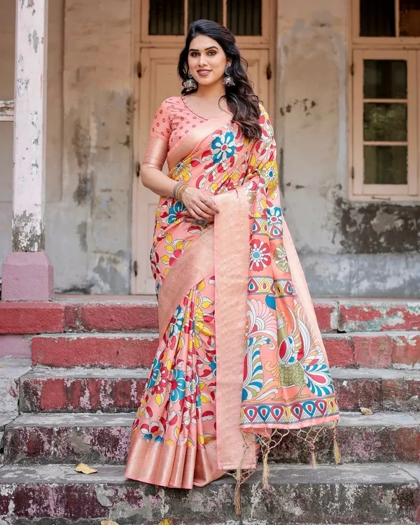 Peach_Tussar_Silk_Saree_with_Vibrant_Floral_Kalamkari_and_Zari_Highlights