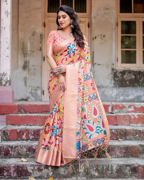 Peach_Tussar_Silk_Saree_with_Vibrant_Floral_Kalamkari_and_Zari_Highlights