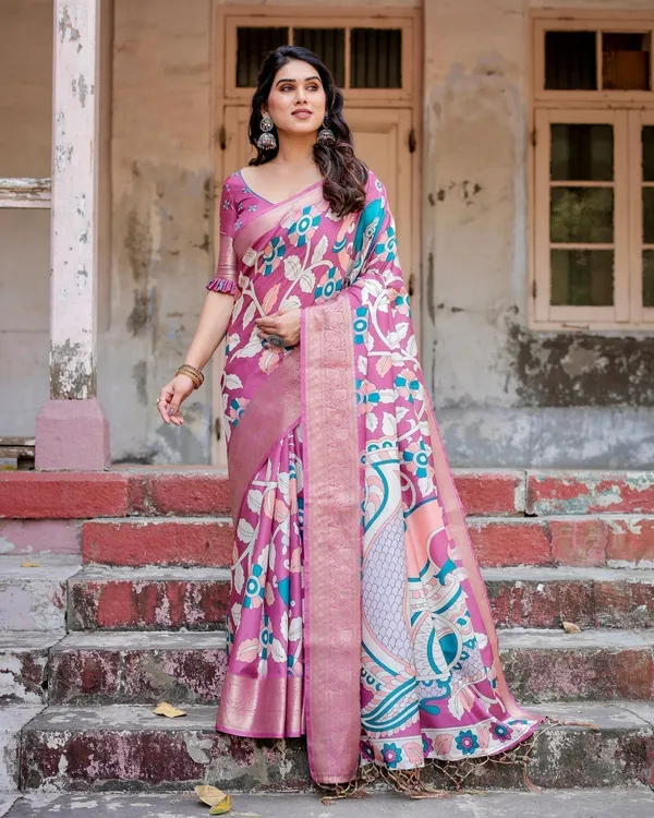 Blush_Pink_Tussar_Silk_Saree_with_Elegant_Peacock_and_Floral_Kalamkari_Design