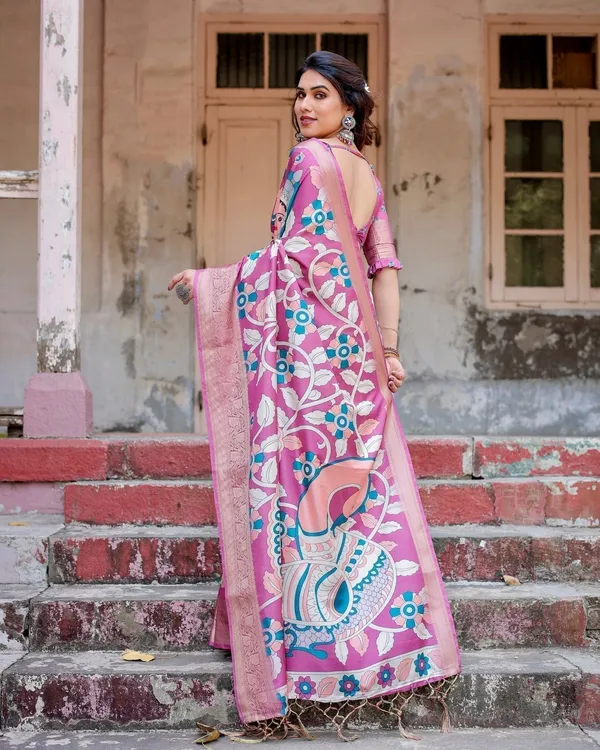 Blush_Pink_Tussar_Silk_Saree_with_Elegant_Peacock_and_Floral_Kalamkari_Design