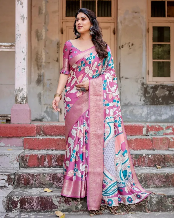 Blush_Pink_Tussar_Silk_Saree_with_Elegant_Peacock_and_Floral_Kalamkari_Design