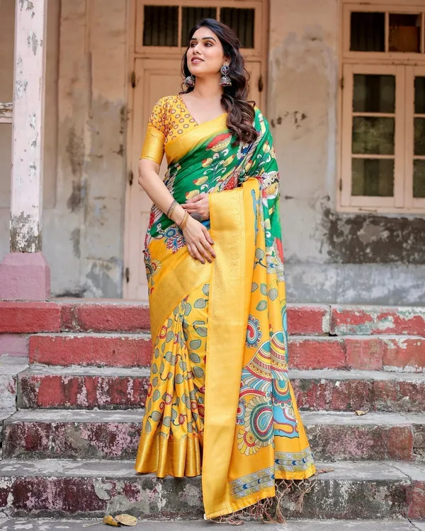 Golden_Yellow_Tussar_Silk_Saree_with_Vibrant_Peacock_Kalamkari_Motifs