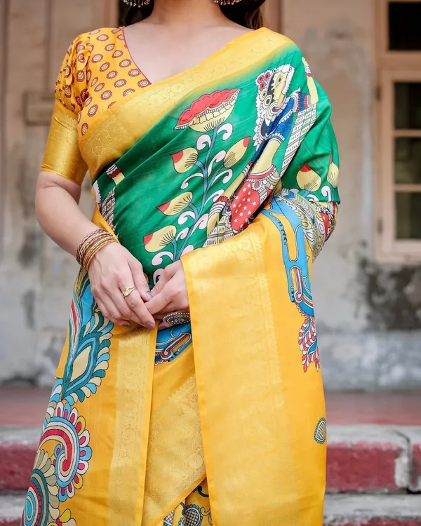 Golden_Yellow_Tussar_Silk_Saree_with_Vibrant_Peacock_Kalamkari_Motifs