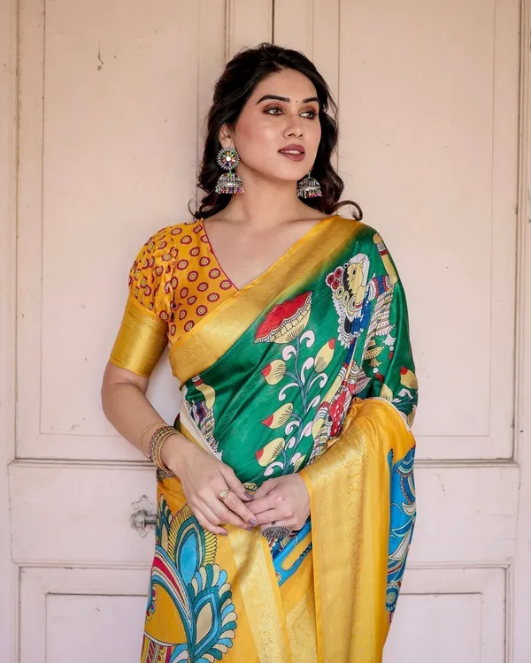 Golden_Yellow_Tussar_Silk_Saree_with_Vibrant_Peacock_Kalamkari_Motifs