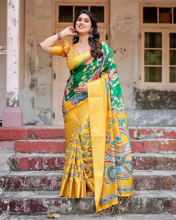 Golden_Yellow_Tussar_Silk_Saree_with_Vibrant_Peacock_Kalamkari_Motifs
