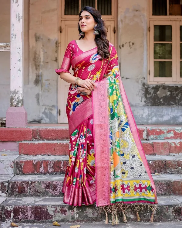 Magenta_Tussar_Silk_Saree_with_Artistic_Peacock_&_Floral_Kalamkari_Design