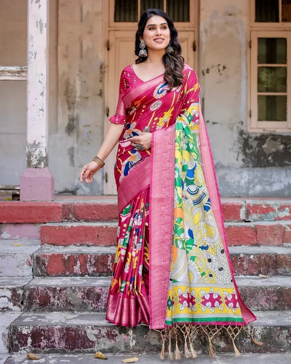 Magenta_Tussar_Silk_Saree_with_Artistic_Peacock_&_Floral_Kalamkari_Design