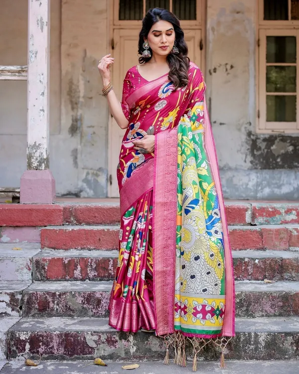 Magenta_Tussar_Silk_Saree_with_Artistic_Peacock_&_Floral_Kalamkari_Design