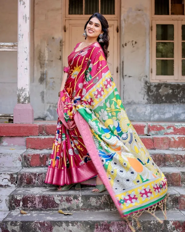 Magenta_Tussar_Silk_Saree_with_Artistic_Peacock_&_Floral_Kalamkari_Design