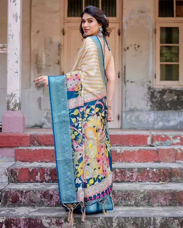Beige_&_Teal_Tussar_Silk_Saree_with_Intricate_Kalamkari_and_Zari_Border