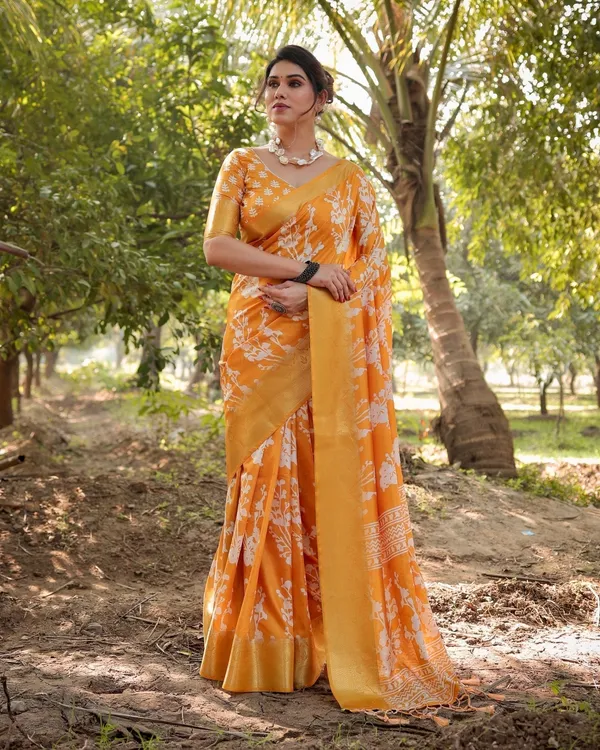 Sunshine_Yellow_Tussar_Silk_Saree_with_White_Floral_Motifs,_Lustrous_Zari_Border,_and_Graceful_Tassel_Pallu