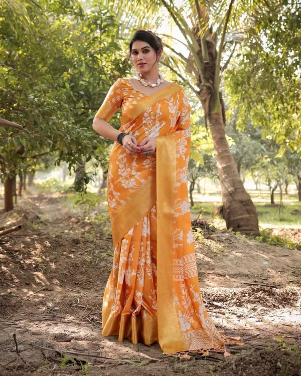 Sunshine_Yellow_Tussar_Silk_Saree_with_White_Floral_Motifs,_Lustrous_Zari_Border,_and_Graceful_Tassel_Pallu