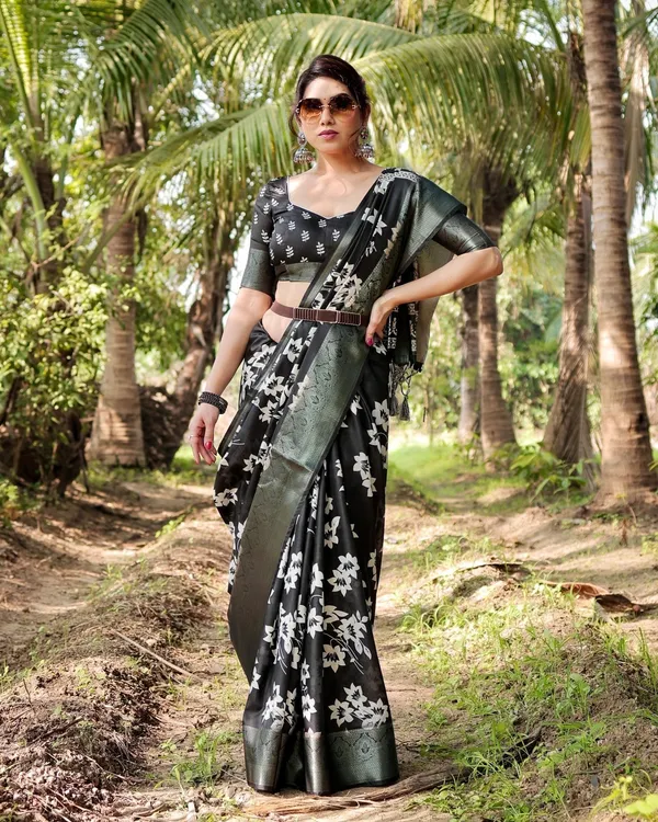 Elegant_Black_Tussar_Silk_Saree_with_Zari_Embellished_Border_and_Bold_Floral_Pallu