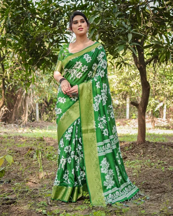 Enchanting_Green_Tussar_Silk_Saree_with_White_Floral_Prints_and_Zari_Border