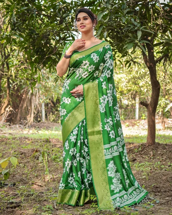 Enchanting_Green_Tussar_Silk_Saree_with_White_Floral_Prints_and_Zari_Border