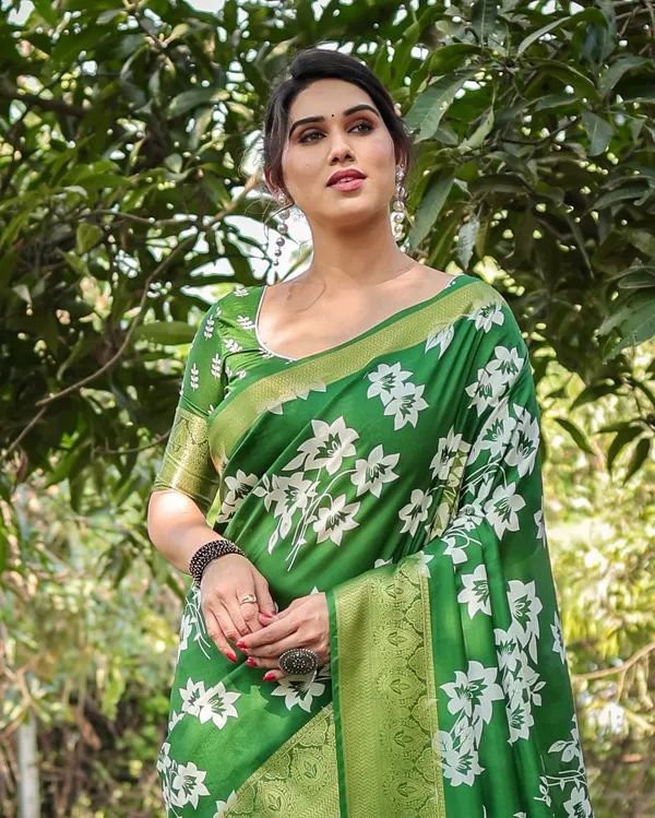 Enchanting_Green_Tussar_Silk_Saree_with_White_Floral_Prints_and_Zari_Border