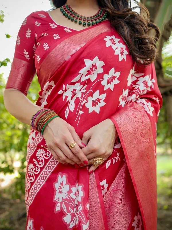 Graceful_Red_Tussar_Silk_Saree_with_White_Floral_Design_and_Zari_Border