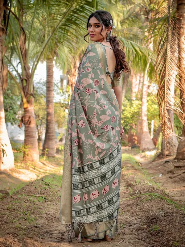 Graceful_Olive_Green_Tussar_Silk_Saree_with_Intricate_Beige_and_Maroon_Botanical_Print_and_Zari_Border