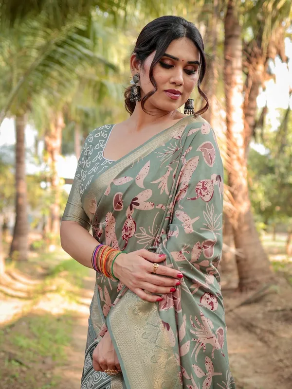 Graceful_Olive_Green_Tussar_Silk_Saree_with_Intricate_Beige_and_Maroon_Botanical_Print_and_Zari_Border