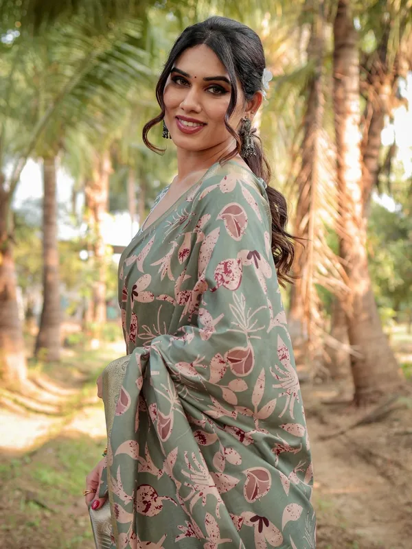 Graceful_Olive_Green_Tussar_Silk_Saree_with_Intricate_Beige_and_Maroon_Botanical_Print_and_Zari_Border