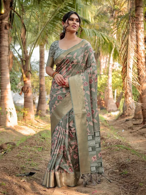 Graceful_Olive_Green_Tussar_Silk_Saree_with_Intricate_Beige_and_Maroon_Botanical_Print_and_Zari_Border