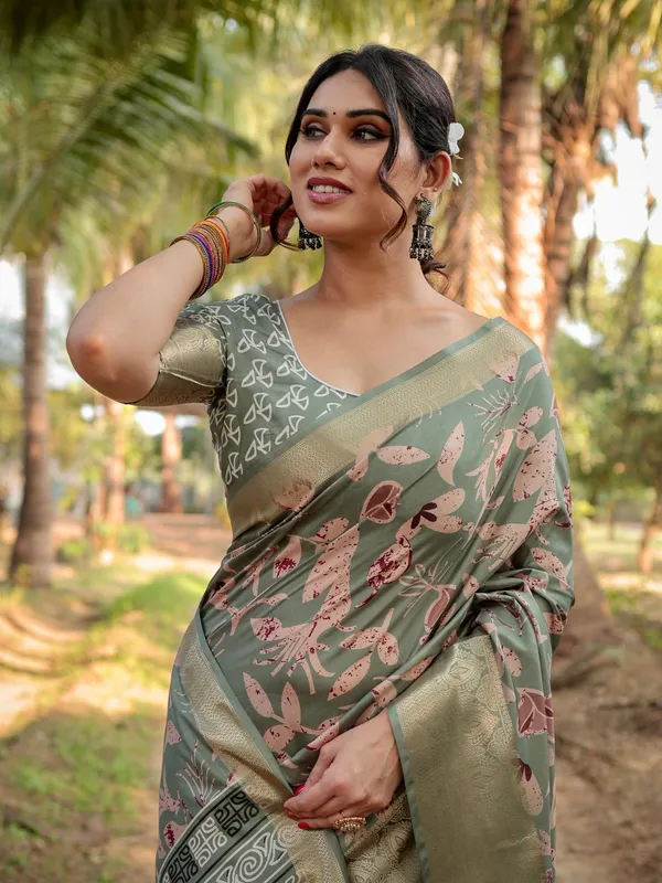Graceful_Olive_Green_Tussar_Silk_Saree_with_Intricate_Beige_and_Maroon_Botanical_Print_and_Zari_Border