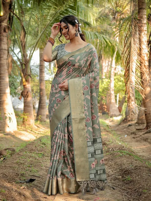 Graceful_Olive_Green_Tussar_Silk_Saree_with_Intricate_Beige_and_Maroon_Botanical_Print_and_Zari_Border