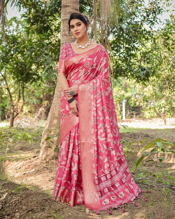 Vibrant_Pink_Tussar_Silk_Saree_with_Intricate_Zari_Border_and_Modern_Floral_Pallu