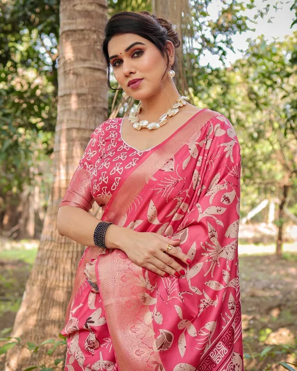 Vibrant_Pink_Tussar_Silk_Saree_with_Intricate_Zari_Border_and_Modern_Floral_Pallu